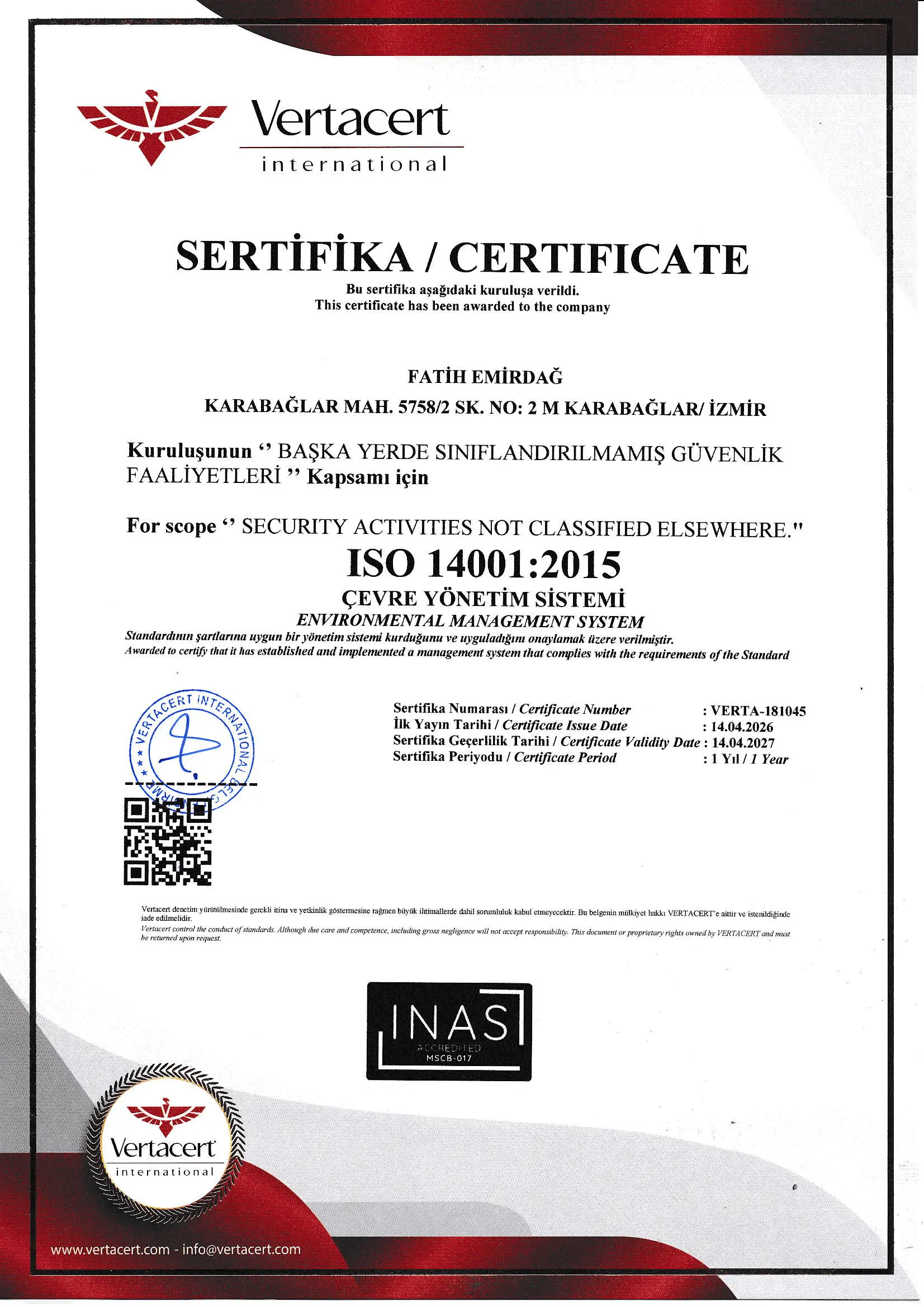 FAEM Elektronik ISO 14001:2015 Çevre Yönetim Sistemi belgesi