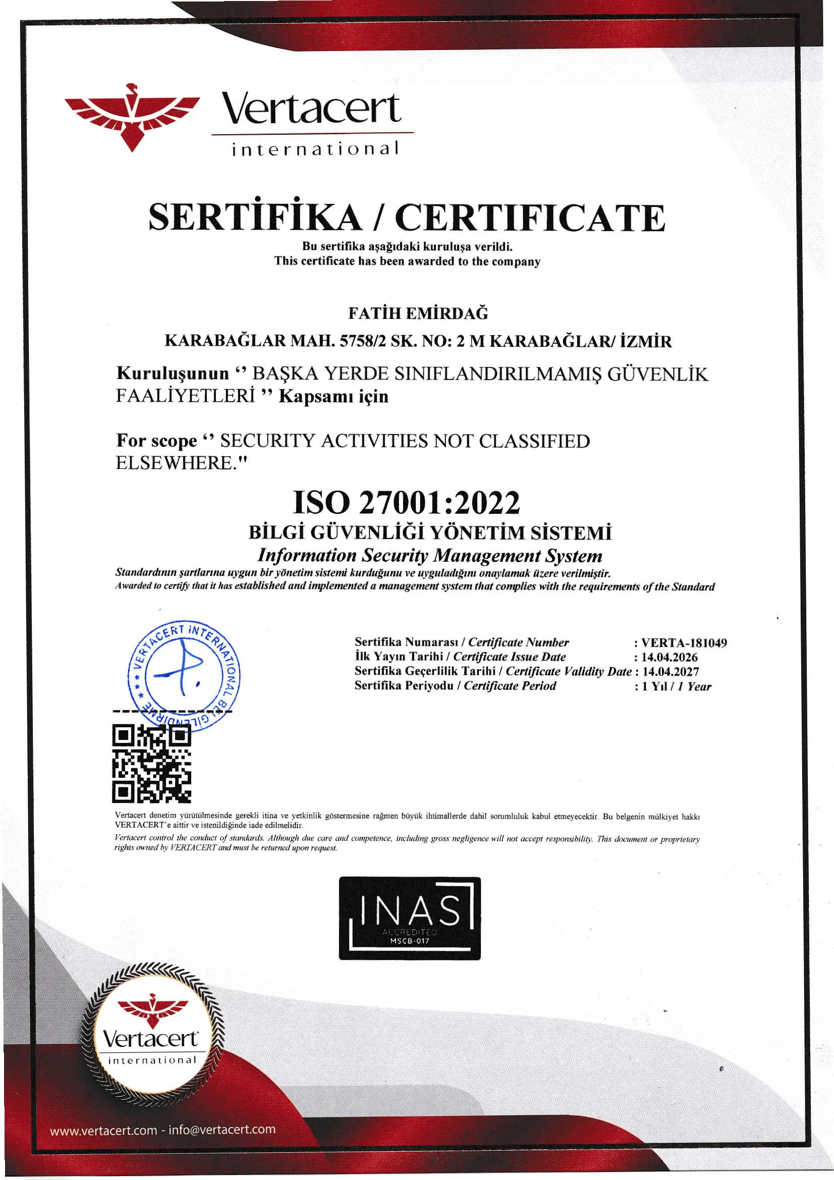 FAEM Elektronik ISO 27001:2022 Bilgi Güvenliği Yönetim Sistemi belgesi