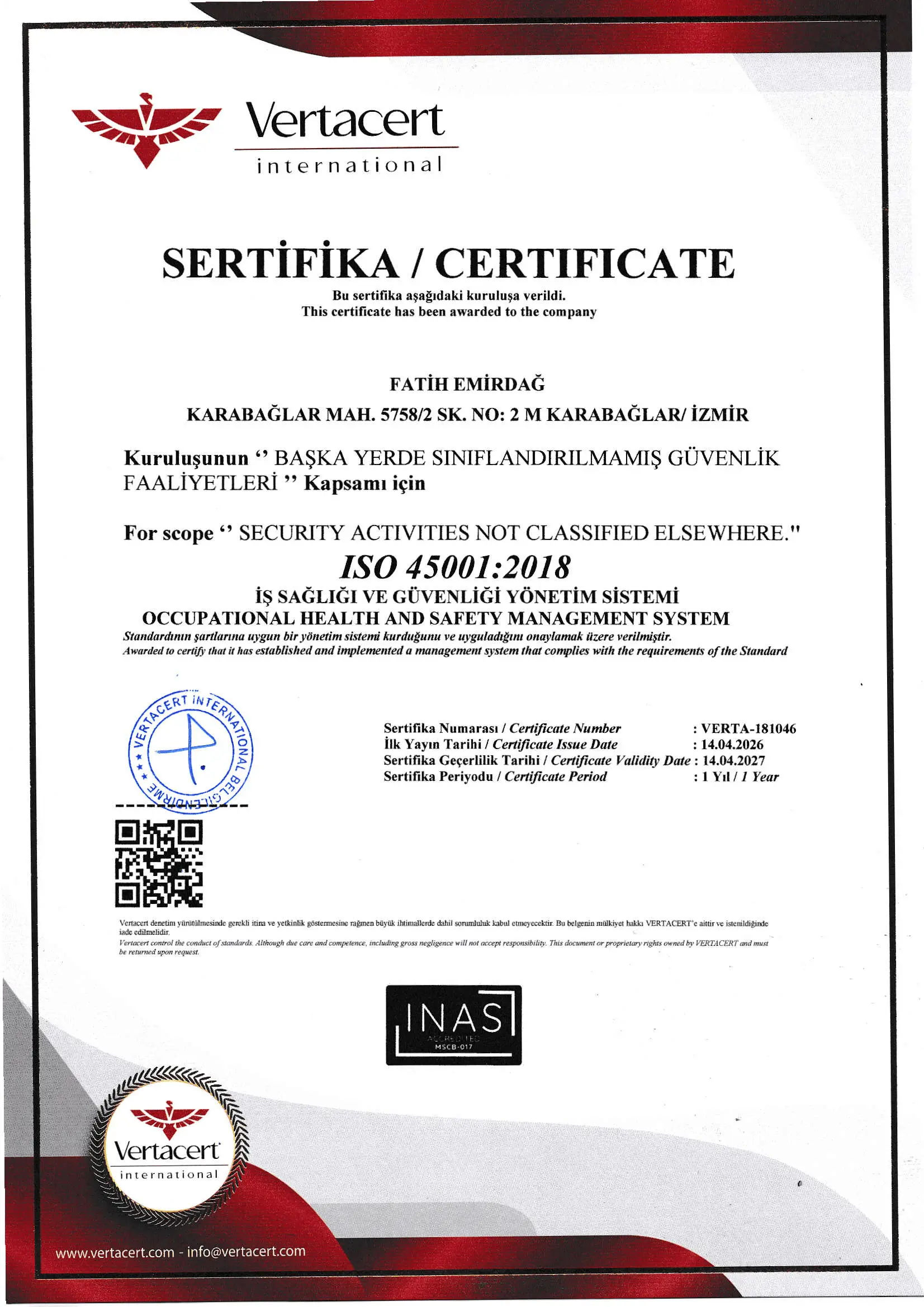 FAEM Elektronik ISO 45001:2018 İş Sağlığı ve Güvenliği Yönetim Sistemi belgesi